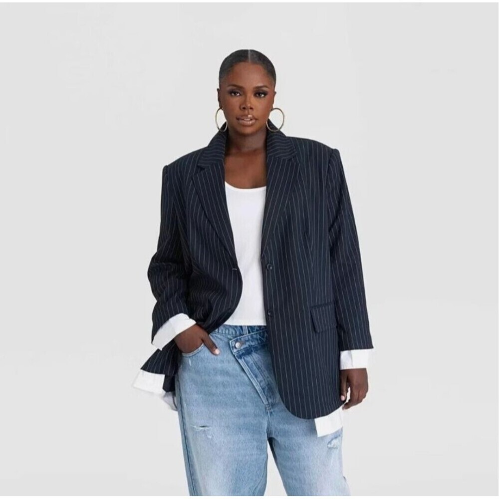 KBB by Kahlana The Shirt Blazer Navy Blue & White Striped 2 Button - 2X (20~22)